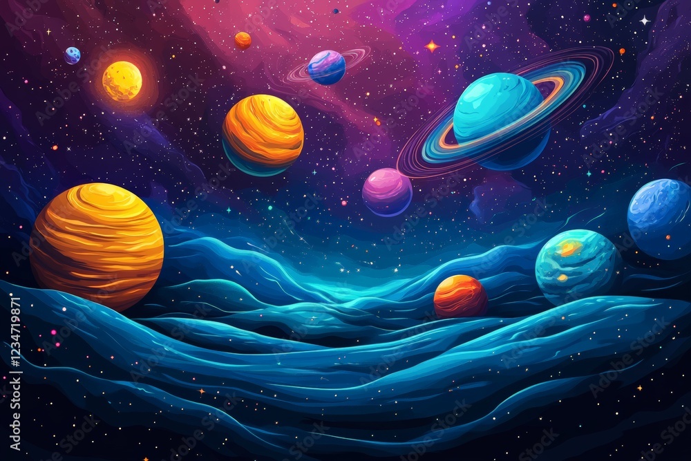 Poster Colorful representation of planets and cosmic elements in a vibrant space setting