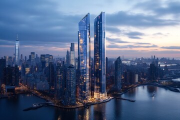 Obraz premium A cityscape transformed significantly over time, shown with a vibrant skyline filled with modern skyscrapers