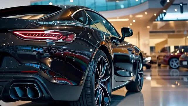 Luxury Black Sports Car Displayed in a Modern Showroom
