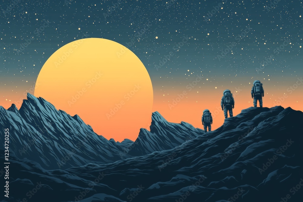 Aufkleber astronauts exploring a distant planet at sunset with a vibrant sky and mountains in the background
