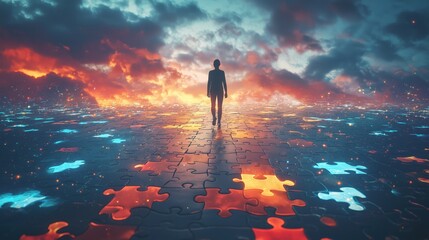 Fototapeta premium Individual Walking on Colorful Puzzle Pieces Against Dramatic Sky