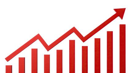 business graph with red upward arrow showing up trend isolated on PNG