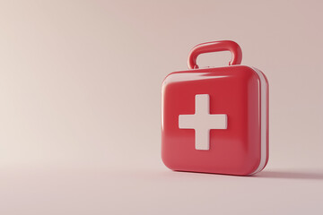 Fototapeta premium A 3D icon of a first-aid kit with a bold red cross, realistic textures and smooth edges, with copy space. 