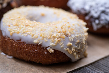 Ganache Glazed Donuts, Sprinkled with Various Crushed Nuts