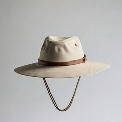 A simple hat with an outback style, made of light beige felt fabric and a brown leather band on the brim, set against a white background