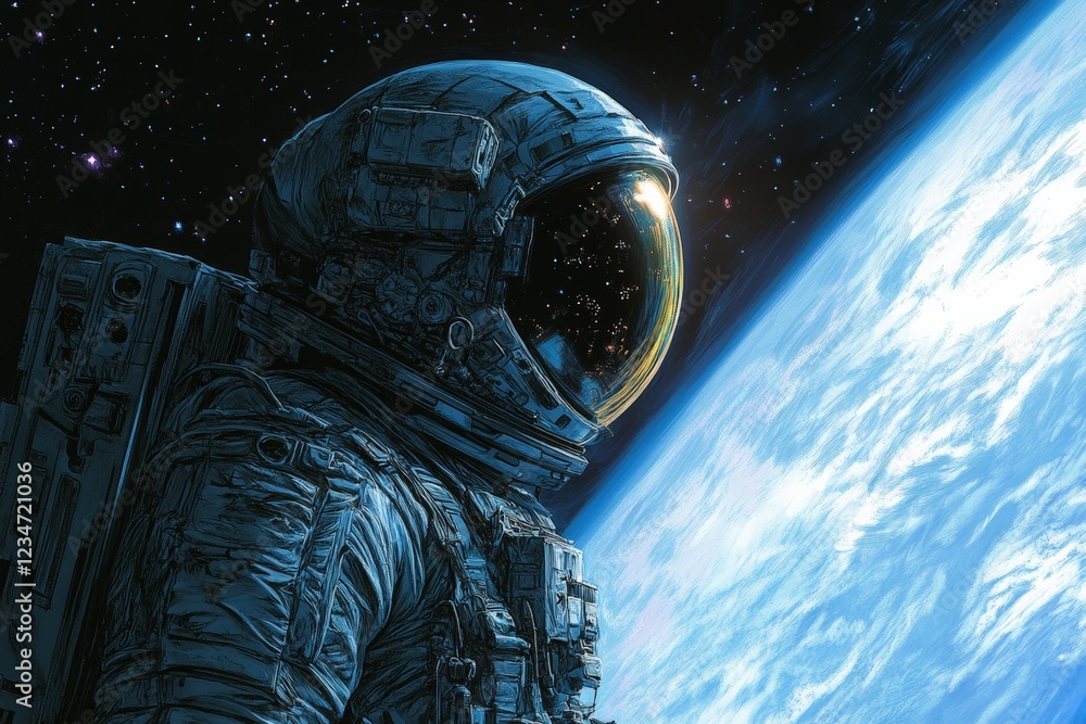 Poster astronaut gazes at earth from space in a stunning cosmic view during a space mission