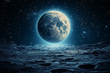 Moonrise above a lunar landscape illuminating the night sky with stars and space dust