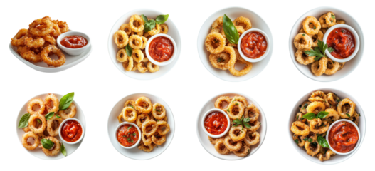 Set of golden fried calamari rings with marinara sauce, isolated on transparent background