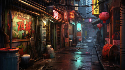 Obraz premium Cyberpunk street with glowing neon ads in sci-fi city. Futuristic cyberpunk street in the neighborhood