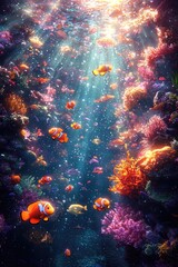 Obraz premium Vibrant Clownfish Swim Amidst Colorful Coral Reef