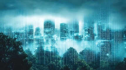 Fototapeta premium A cityscape with skyscrapers and trees in the background, covered by a storm of binary code that flows like raindrops. 