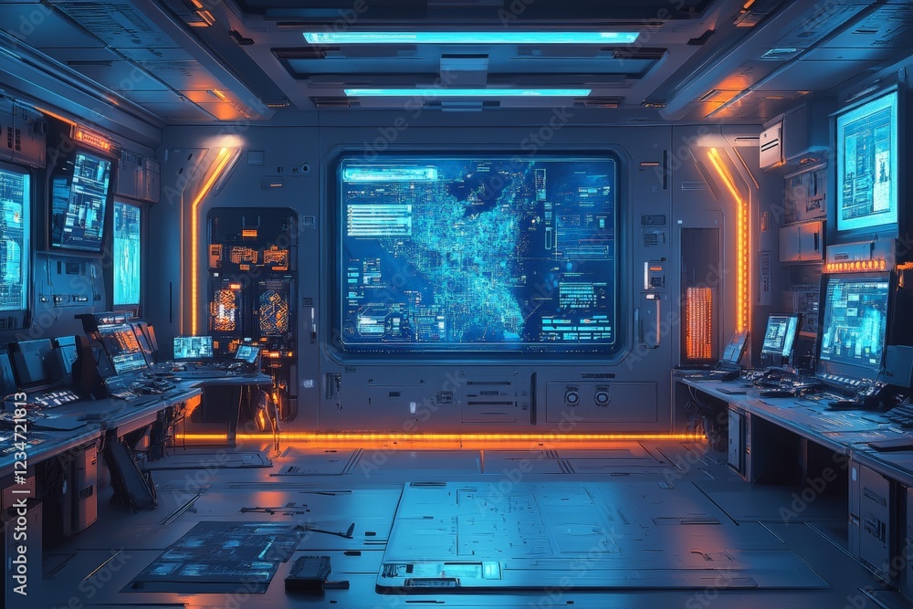 Poster High-tech control center showcasing advanced technology and data analysis during nighttime operations