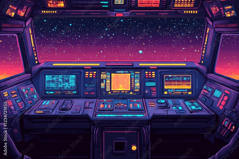 Poster Control room of a futuristic spaceship navigating through a colorful galaxy at twilight
