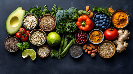 A variety of nuts, beans, and vegetables are displayed in bowls on a counter. The bowls are arranged in a way that creates a colorful and inviting display. Concept of abundance and health