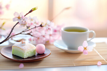 P A serene setting with wagashi and a cup of