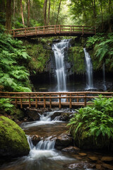 Wooden bridge over a waterfall in a lush forest