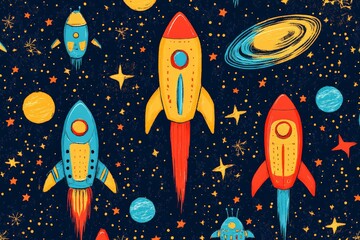 Colorful rockets flying through space surrounded by planets and stars in a whimsical design