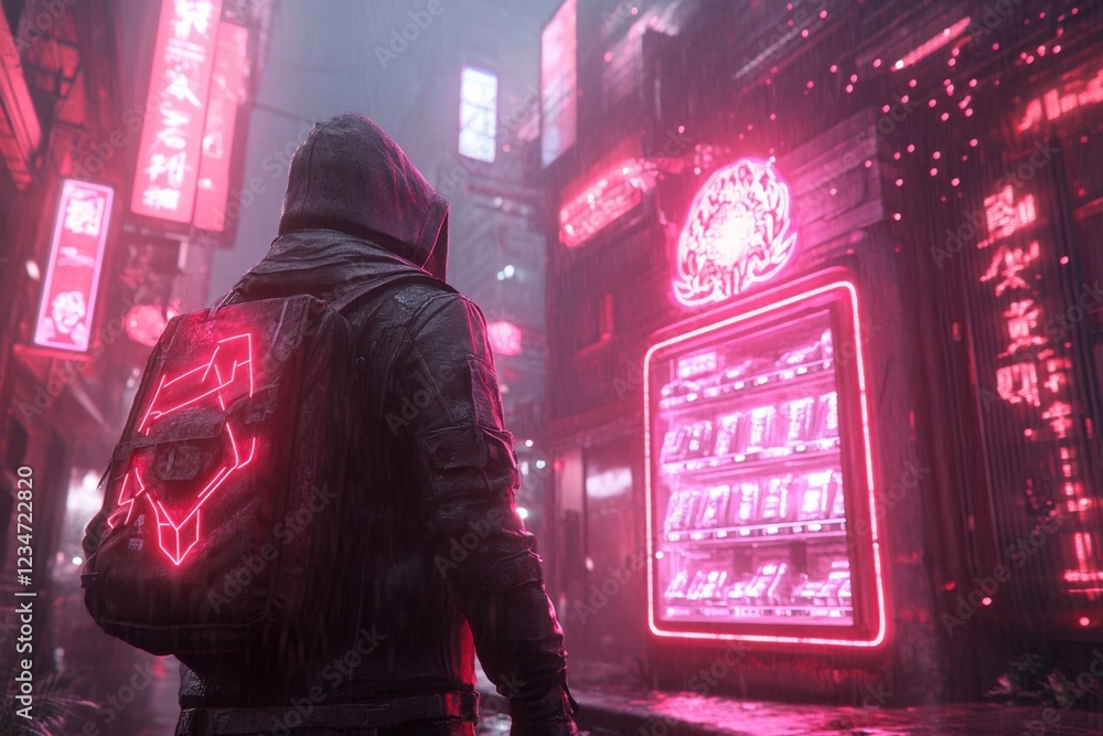 Aufkleber A cyberpunk-themed character standing in front of a neon-lit vending machine with a sufficient supply of glowing items, set in a gritty futuristic street
