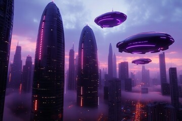 A cyberpunk-themed cityscape dominated by a substantial high-rise building glowing with neon lights, surrounded by smaller buildings and flying cars