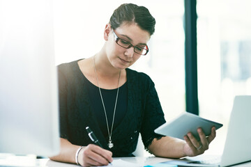 Writing, serious and woman with tablet, office and paralegal with information for case, notes and...