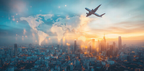 Naklejka premium Global Connectivity: Airplane and World Map Over Cityscape