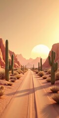 A serene desert landscape with towering cacti and a breathtaking sunset