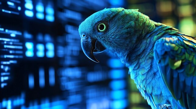 Close-up of a vibrant blue and green parrot with a blurred tech background