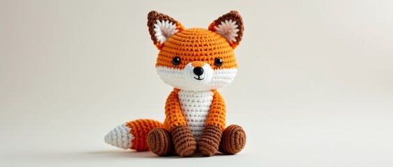 A charming, handmade fox toy, crafted from vibrant orange, white, and brown yarn, exuding warmth and playfulness