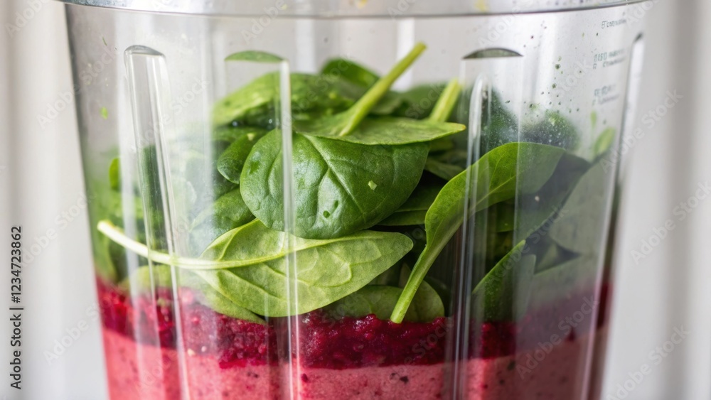 Poster fresh spinach leaves are layered on top of beet puree in a blender jar, creating vibrant colors and 