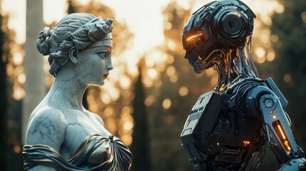 Futuristic Encounter Between Marble Statue and Robot in Nature