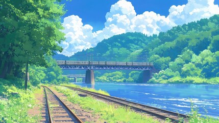 Fototapeta premium Sunny River Bridge Train Tracks Landscape Illustration