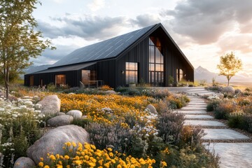 A detailed 3D illustration of a modernized barn, with sleek wooden panels and solar panels on the roof, blending rustic and contemporary elements