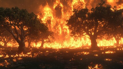 High fidelity aerial view of massive wildfire in natural forest environment