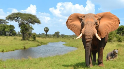 Fototapeta premium Elephant in a Natural Habitat Near Waterbody and Vegetation
