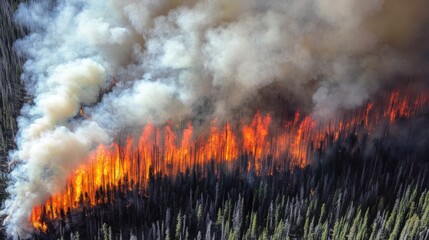 Fototapeta premium Aerial perspective of national park large forest fire and environmental consequences