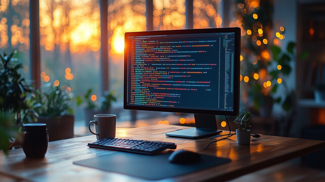 A minimalist workspace with a monitor showing vibrant lines of code and a coffee cup beside it. Bright lighting, contrast