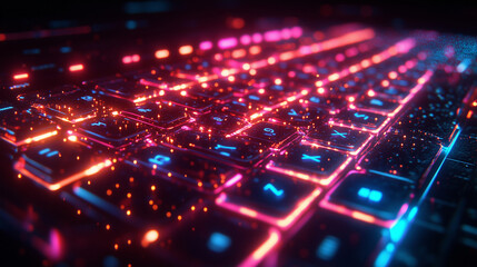 Obraz premium A glowing futuristic keyboard with an abstract neon pattern surrounding it. Bright lighting, contrast