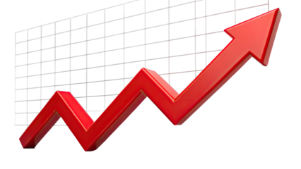 business graph with red upward arrow showing up trend isolated on PNG