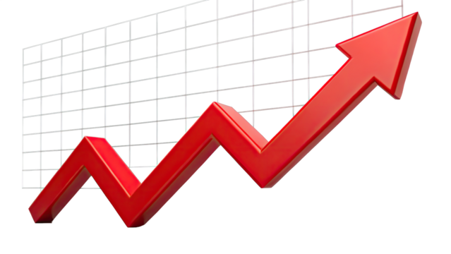 business graph with red upward arrow showing up trend isolated on PNG