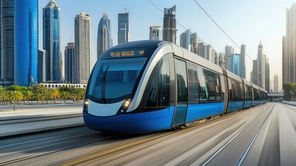 Fototapeta premium Modern tram travels city, skyscrapers background, urban transport
