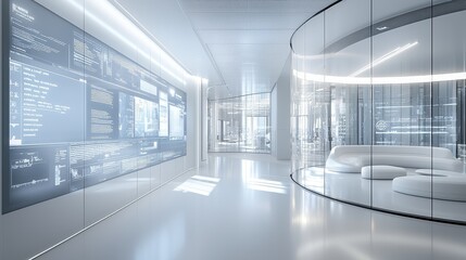 Futuristic office space with glass walls and digital data projections displayed on a large screen, showcasing advanced technology and modern design