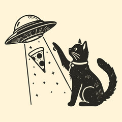 cat pointing at a UFO stealing a pizza funny sketch