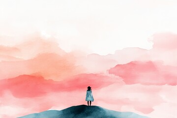 A dreamy watercolor depiction of a person tentatively climbing a hill under a twilight sky, with soft pastel hues and delicate brushstrokes