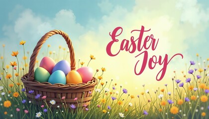 Easter card in impressionist style with glowing eggs, wildflowers, and "Easter Joy" text