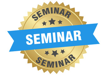 seminar. seminar round blue and gold label isolated on transparent background
