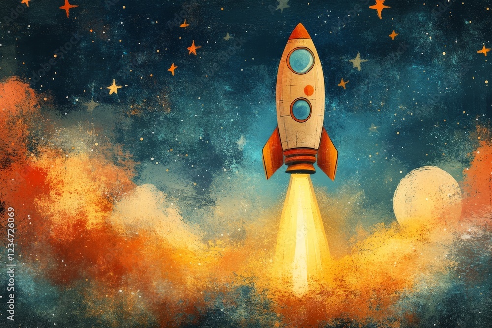 Poster rocket launches into a starry night sky with colorful clouds and a distant moon illuminating the sce