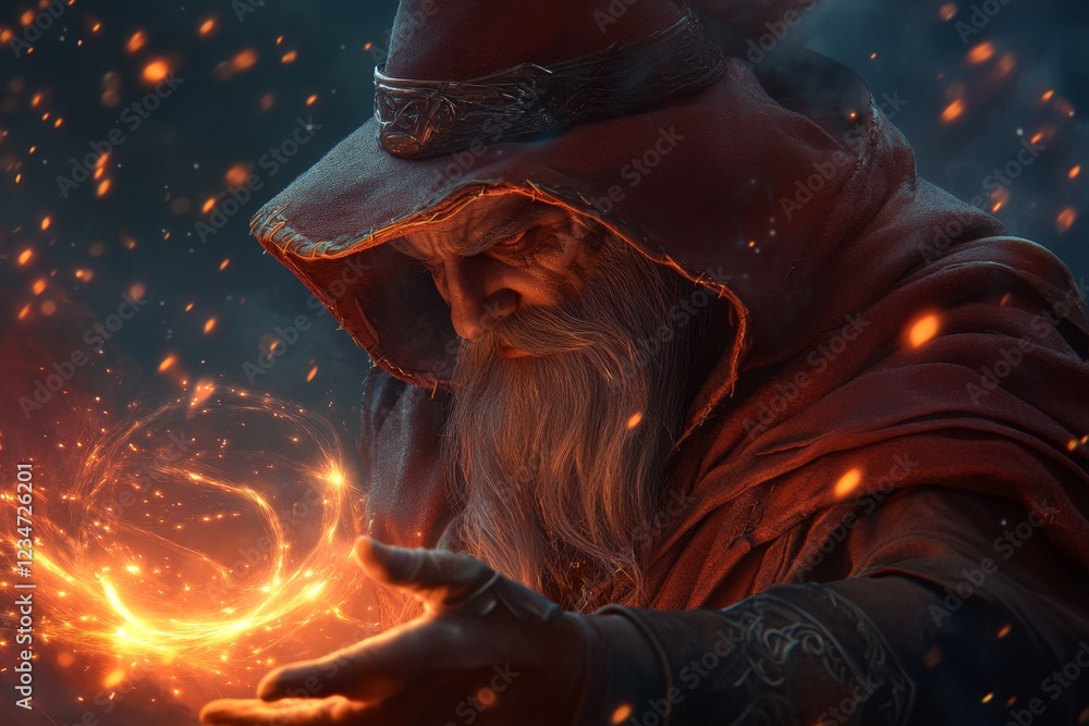 Poster a fantastical scene of a wizard weaving glowing patterns of light into the air, symbolizing magical 