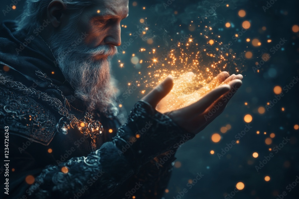 Poster a fantastical scene of a wizard weaving glowing patterns of light into the air, symbolizing magical 
