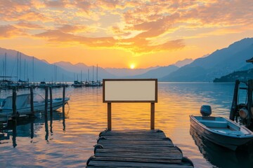 Obraz premium Clean rectangular sign placed on a wooden dock at sunrise, with a serene lake and fishing boats.