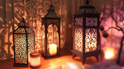 intricate moroccan lanterns create cozy ambiance with ornamental candlelight metalwork and charming designs for festive islamic tabletop decor in elegant arabic home settings